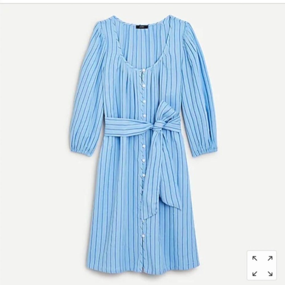 J. Crew Balloon Sleeve Tie Waist Striped Shift Dress Size M Button Front Blue